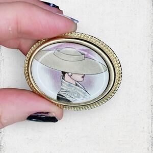 107. Enamel Metal Painted Pink Ladyface Brooch